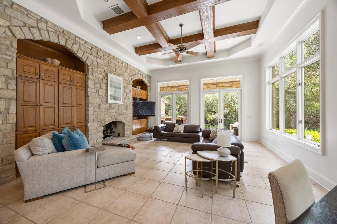 Fireplace, Interior, Living room, Recessed Lighting, Stone Walls, Wooden Beams