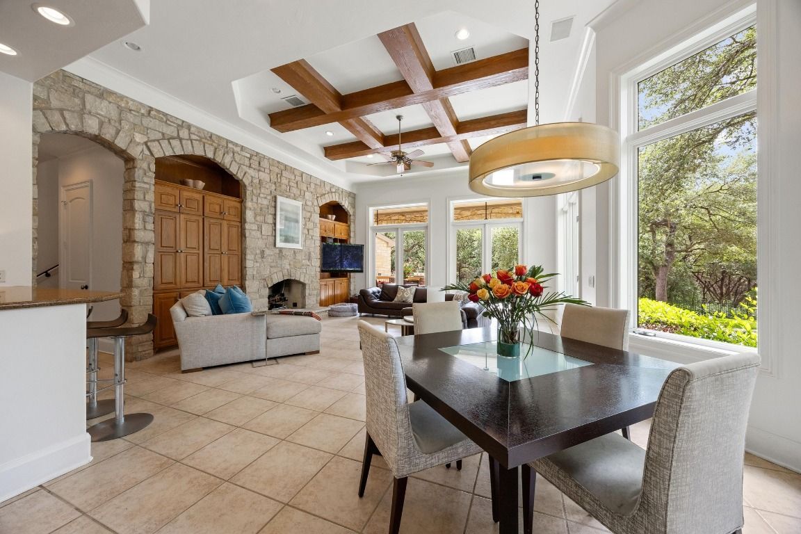 Dining room, Fireplace, Interior, Living room, Pendant Lights, Recessed Lighting, Stone Walls, Wooden Beams