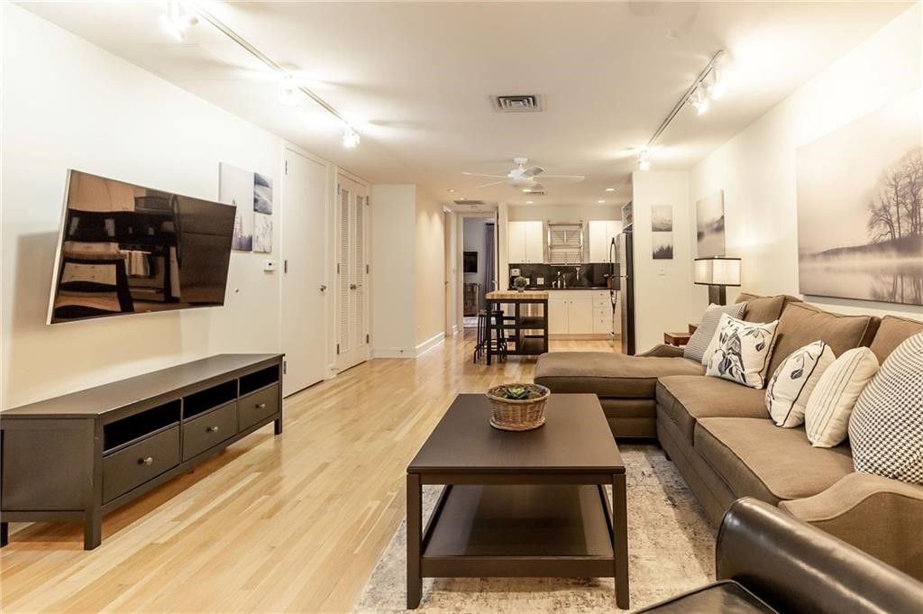 Dining room, Interior, Kitchen, Living room, Recessed Lighting, Wood Texture Flooring