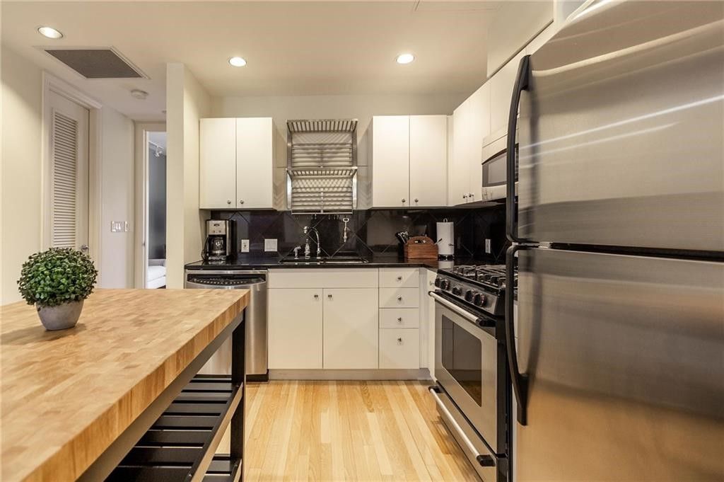 Interior, Kitchen, Recessed Lighting, Stainless Steel Appliances, Wood Texture Flooring