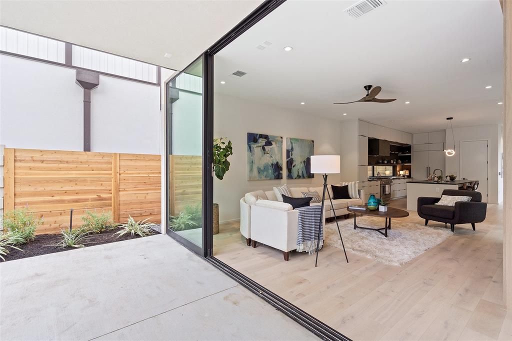 Interior, Living room, Pendant Lights, Recessed Lighting, Wood Texture Flooring, Wooden Walls