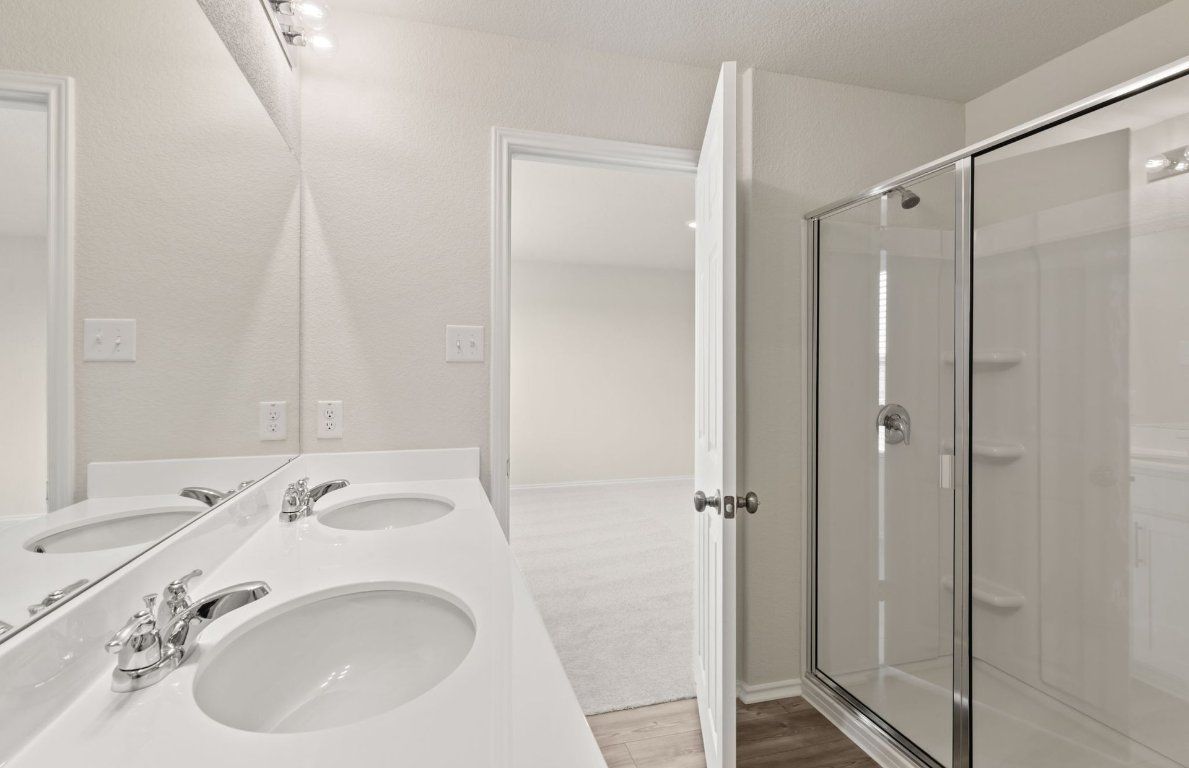 Bathroom, Dual Sink Vanities, Glass Shower, Interior, Wood Texture Flooring