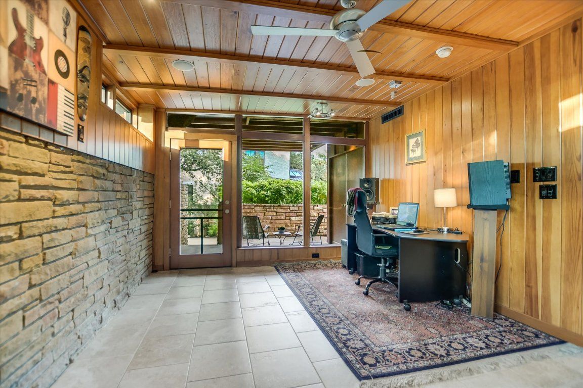 Home Office, Interior, Recessed Lighting, Stone Walls, Wooden Ceilings, Wooden Walls