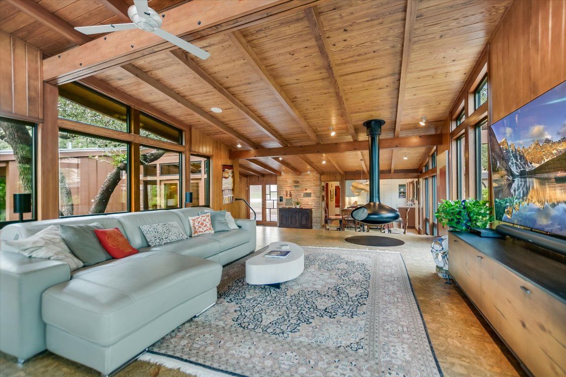 Fireplace, Interior, Living room, Recessed Lighting, Stone Walls, Wooden Beams, Wooden Ceilings
