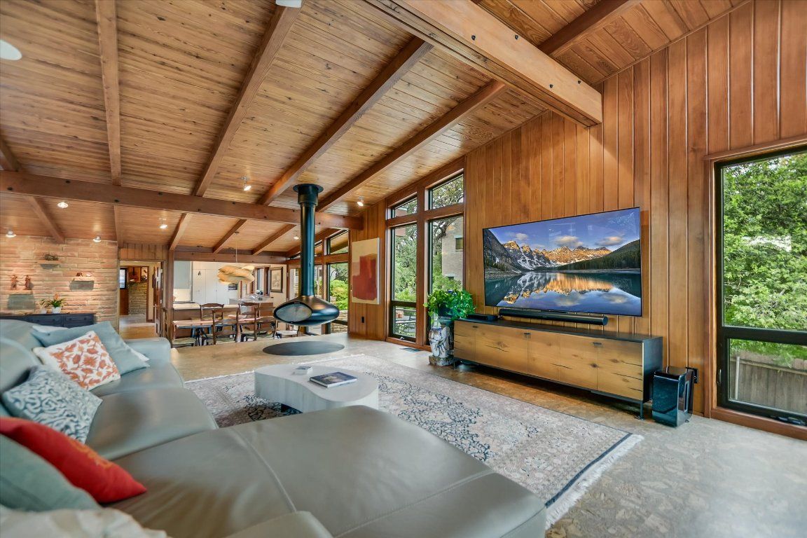 Dining room, Interior, Living room, Recessed Lighting, Stone Walls, Wooden Beams, Wooden Ceilings, Wooden Walls