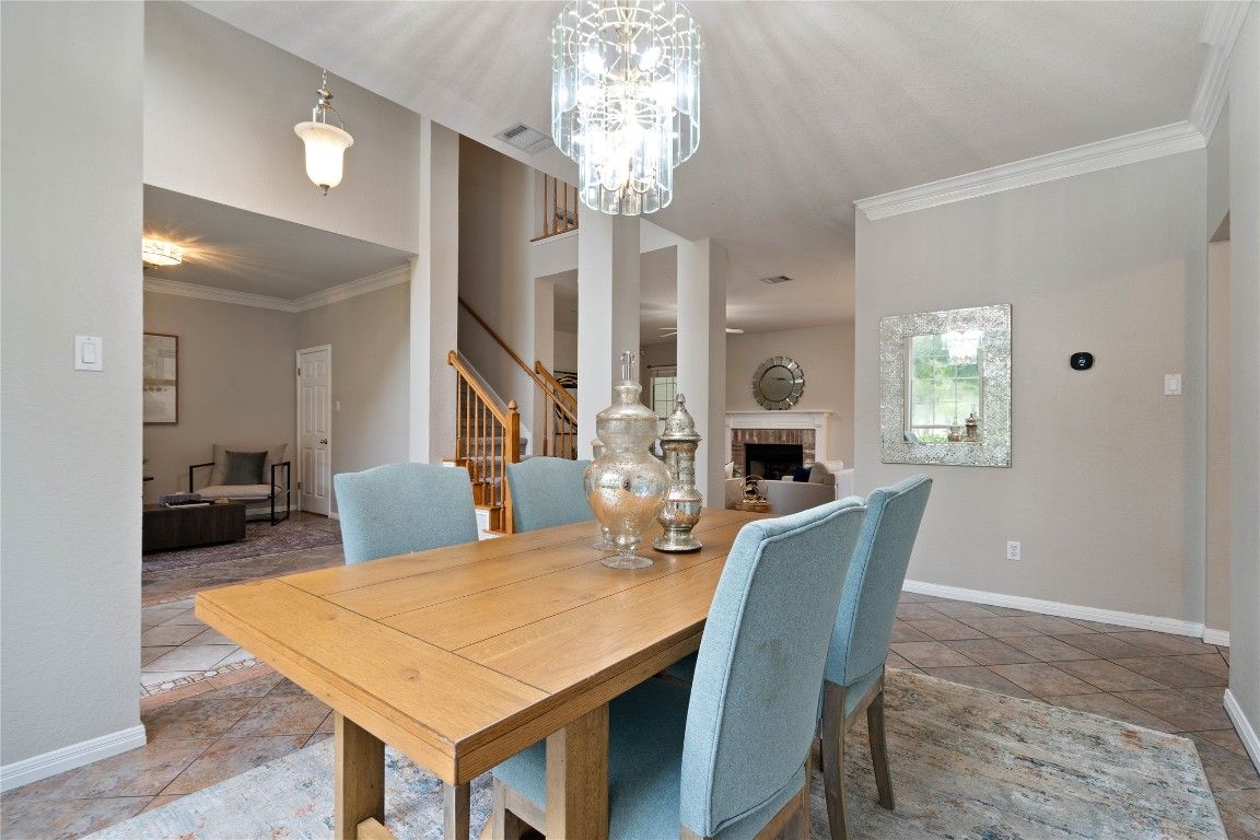 Chandelier, Dining room, Fireplace, Interior