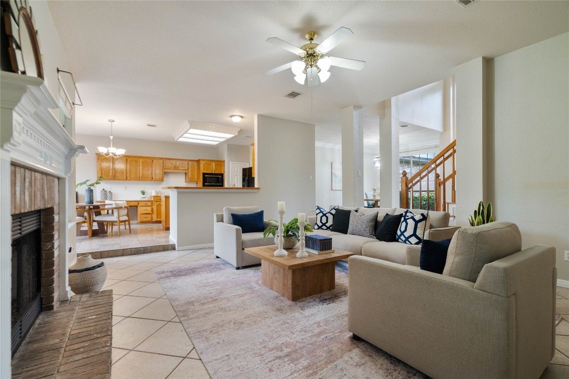 Chandelier, Dining room, Fireplace, Interior, Kitchen, Living room, Pendant Lights