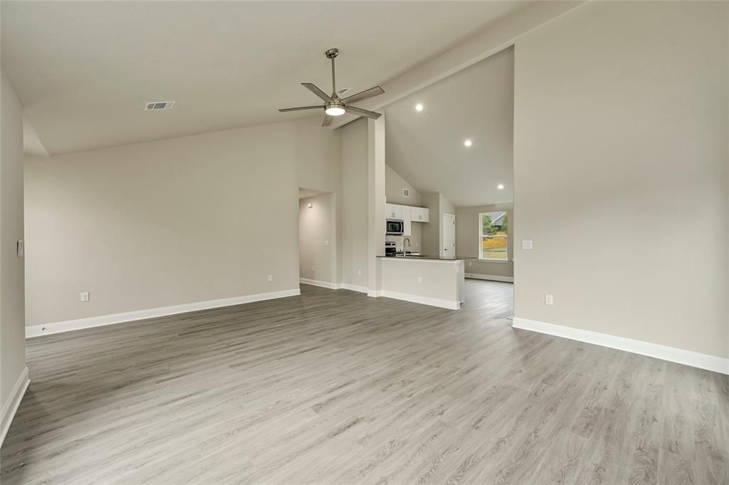 Empty room, Interior, Kitchen, Recessed Lighting, Wood Texture Flooring