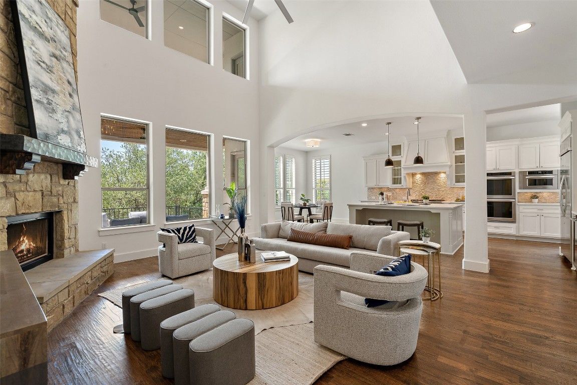 Dining room, Fireplace, Interior, Kitchen, Living room, Pendant Lights, Recessed Lighting, Stone Walls, Wood Texture Flooring