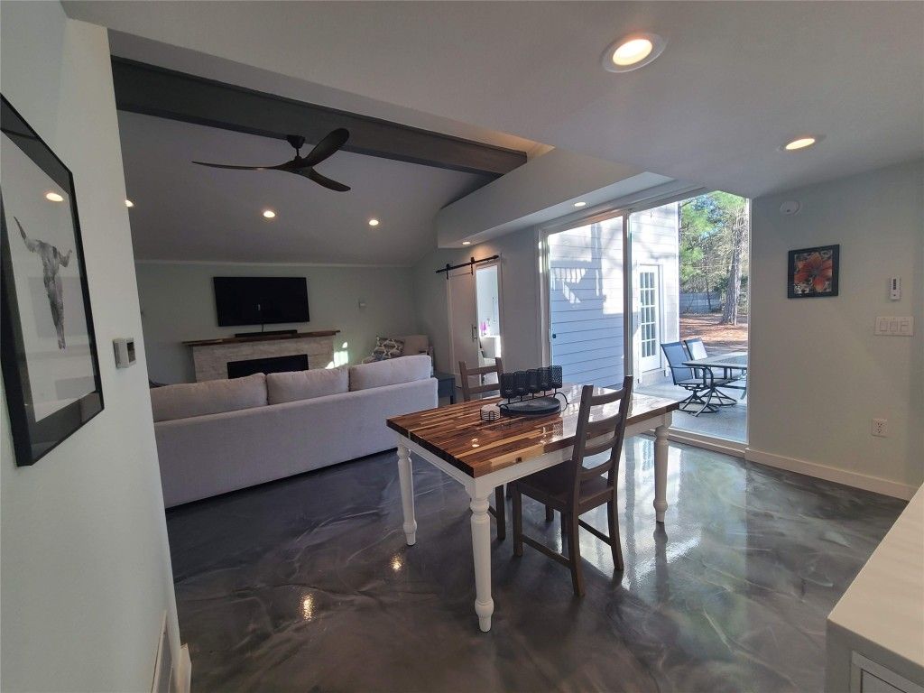 Dining room, Interior, Living room, Recessed Lighting, Wooden Beams