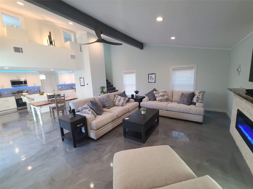 Dining room, Fireplace, Interior, Kitchen, Living room, Recessed Lighting, Wooden Beams