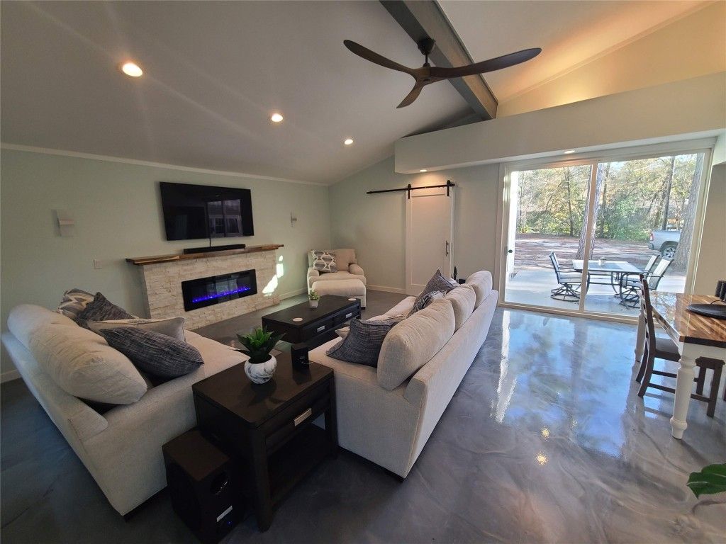 Dining room, Fireplace, Interior, Living room, Marble, Recessed Lighting