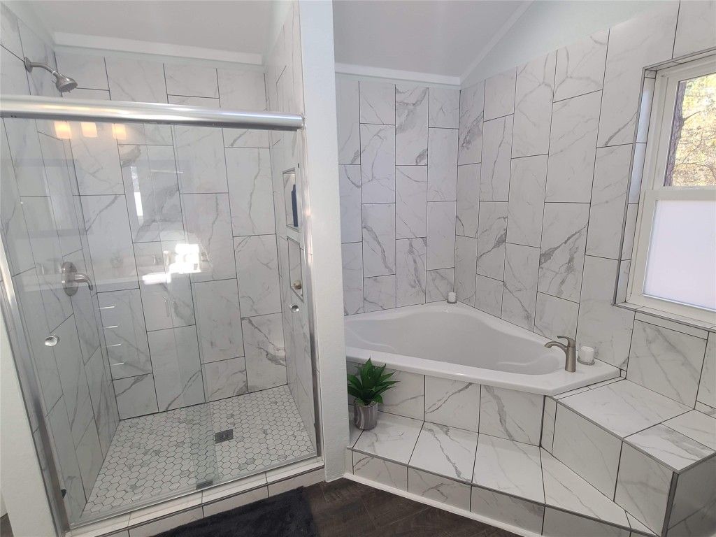 Bathroom, Glass Shower, Interior, Marble Walls, Wood Texture Flooring