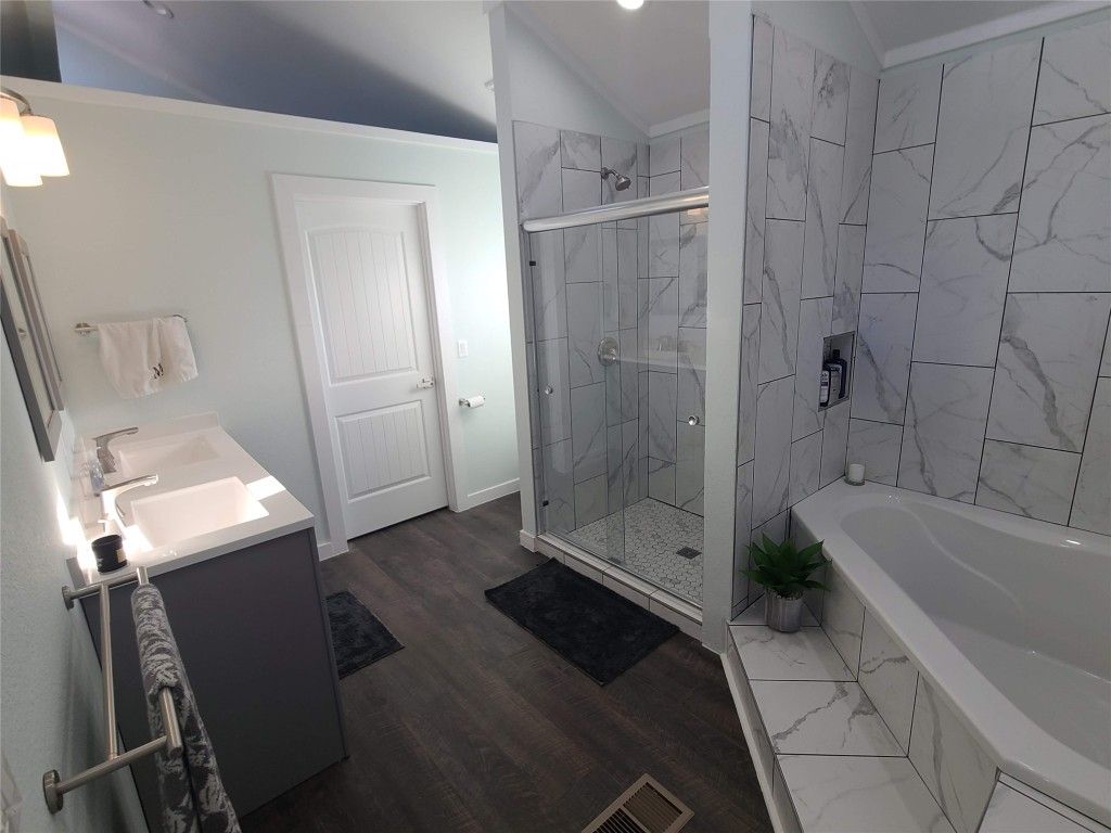 Bathroom, Glass Shower, Interior, Marble, Marble Walls, Recessed Lighting, Wood Texture Flooring