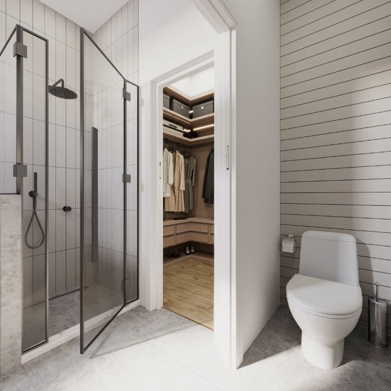 Bathroom, Glass Shower, Interior, Wood Texture Flooring
