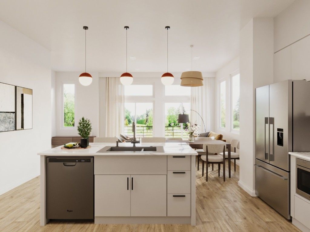 Dining room, Interior, Kitchen, Pendant Lights, Stainless Steel Appliances, Wood Texture Flooring