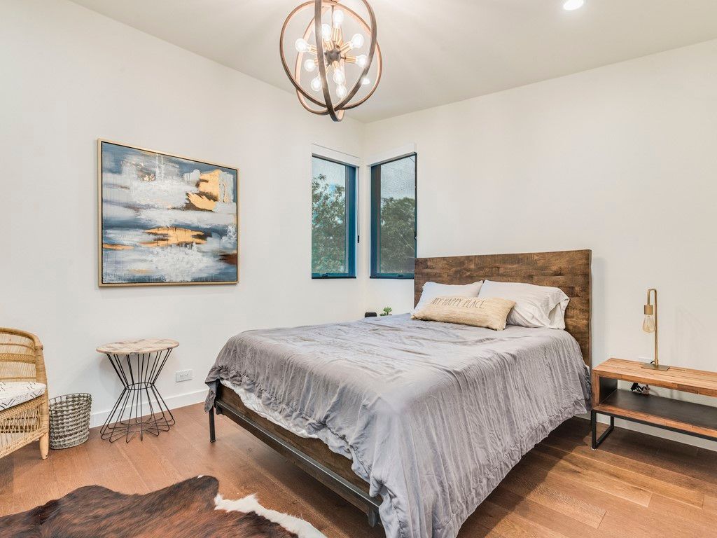 Bedroom, Interior, Pendant Lights, Recessed Lighting, Wood Texture Flooring