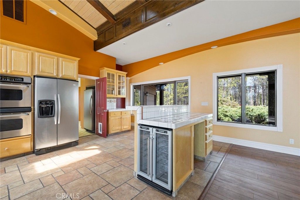 Interior, Kitchen, Recessed Lighting, Stainless Steel Appliances, Tile Countertops, Wooden Ceilings, Wood Texture Flooring