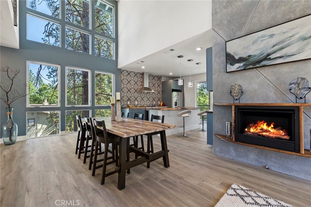Dining room, Fireplace, Interior, Kitchen, Pendant Lights, Recessed Lighting, Wood Texture Flooring