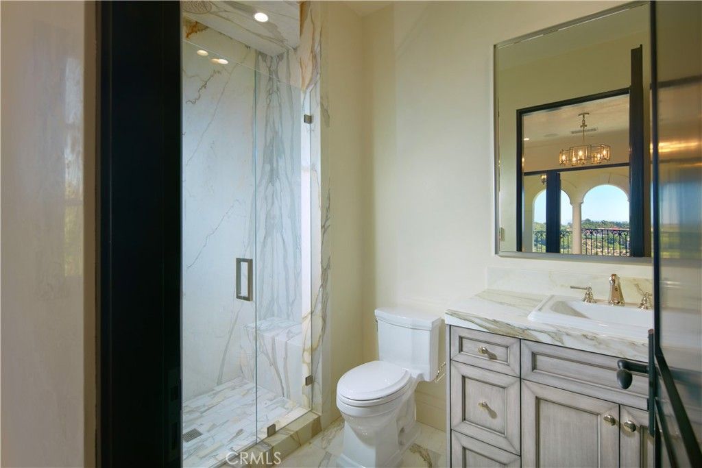 Bathroom, Glass Shower, Interior, Marble, Marble Walls, Recessed Lighting