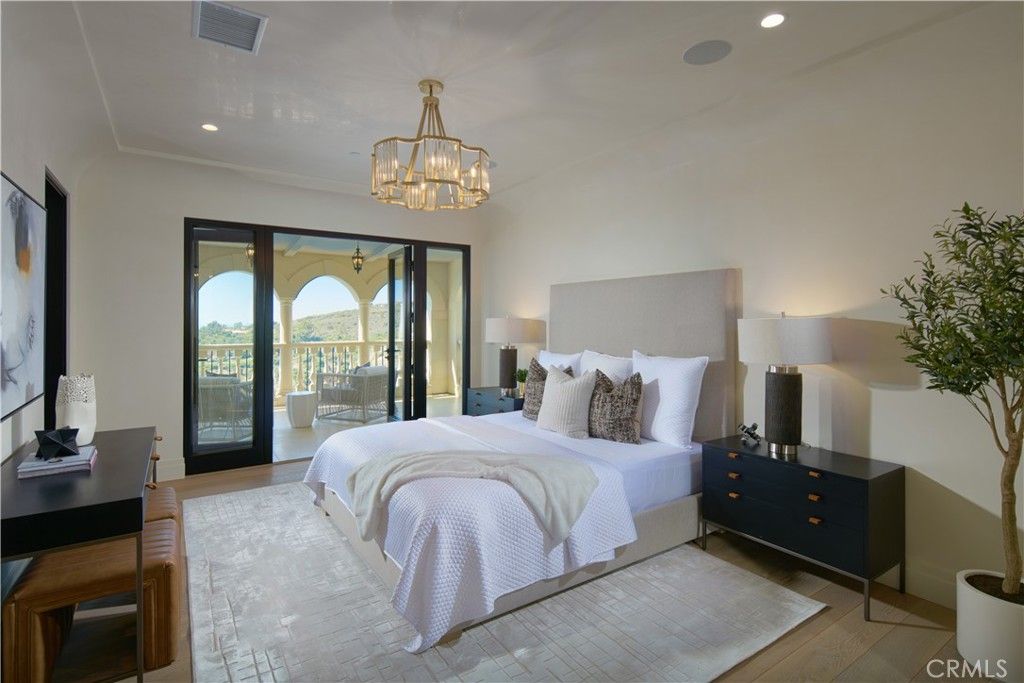 Bedroom, Chandelier, Interior, Recessed Lighting, Wood Texture Flooring