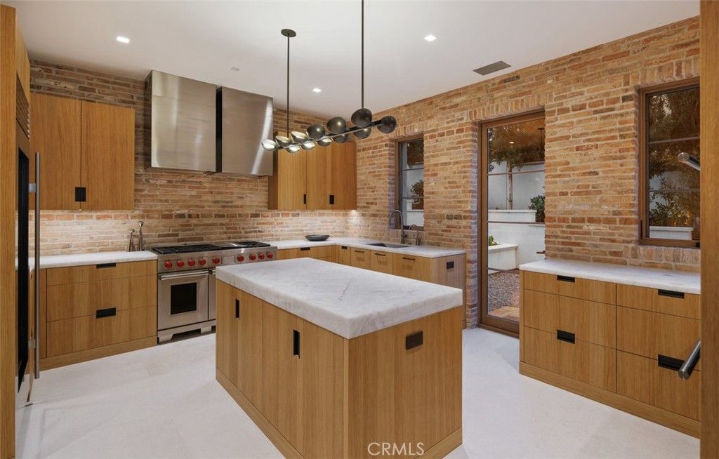 Interior, Kitchen, Pendant Lights, Recessed Lighting, Stainless Steel Appliances, Stone Walls