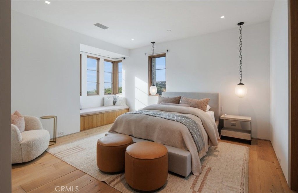 Bedroom, Interior, Pendant Lights, Recessed Lighting, Wood Texture Flooring