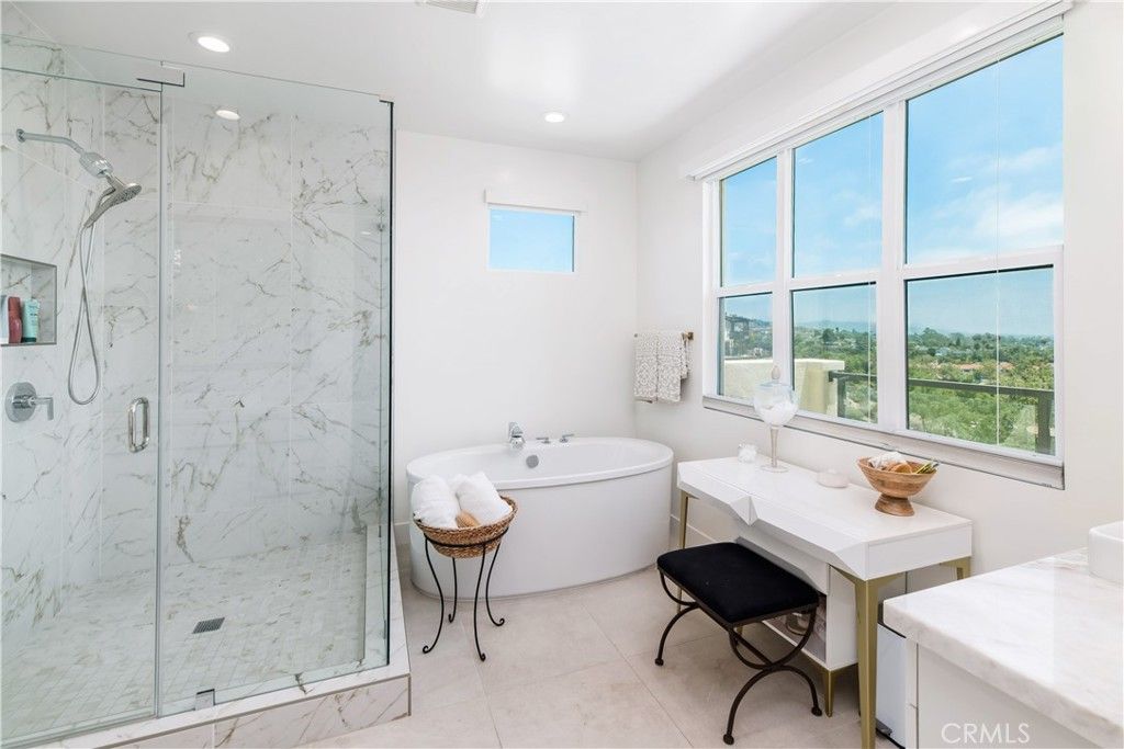 Bathroom, Glass Shower, Interior, Marble Walls, Recessed Lighting