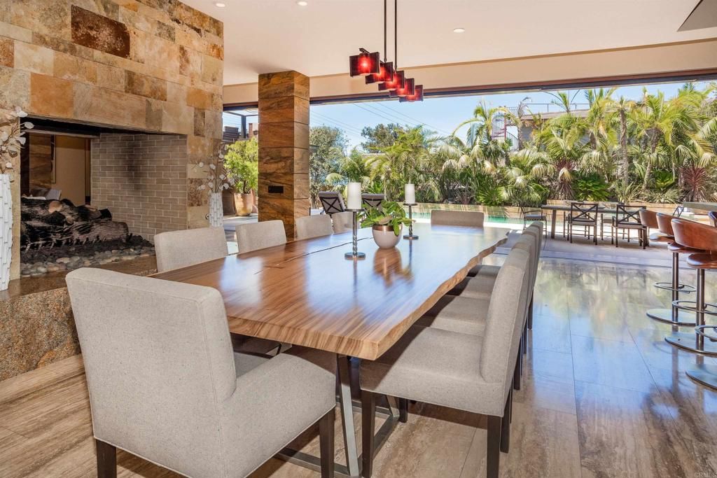 Dining room, Interior, Pendant Lights, Pool, Recessed Lighting, Stone Walls, Wood Texture Flooring