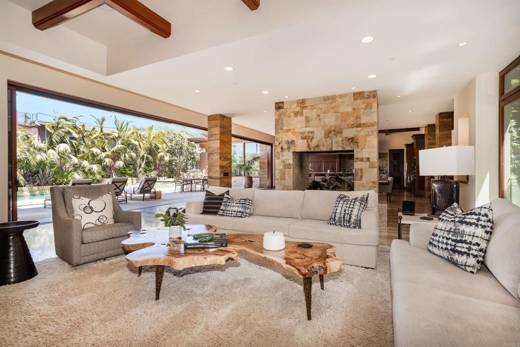 Fireplace, Interior, Living room, Recessed Lighting, Stone Walls