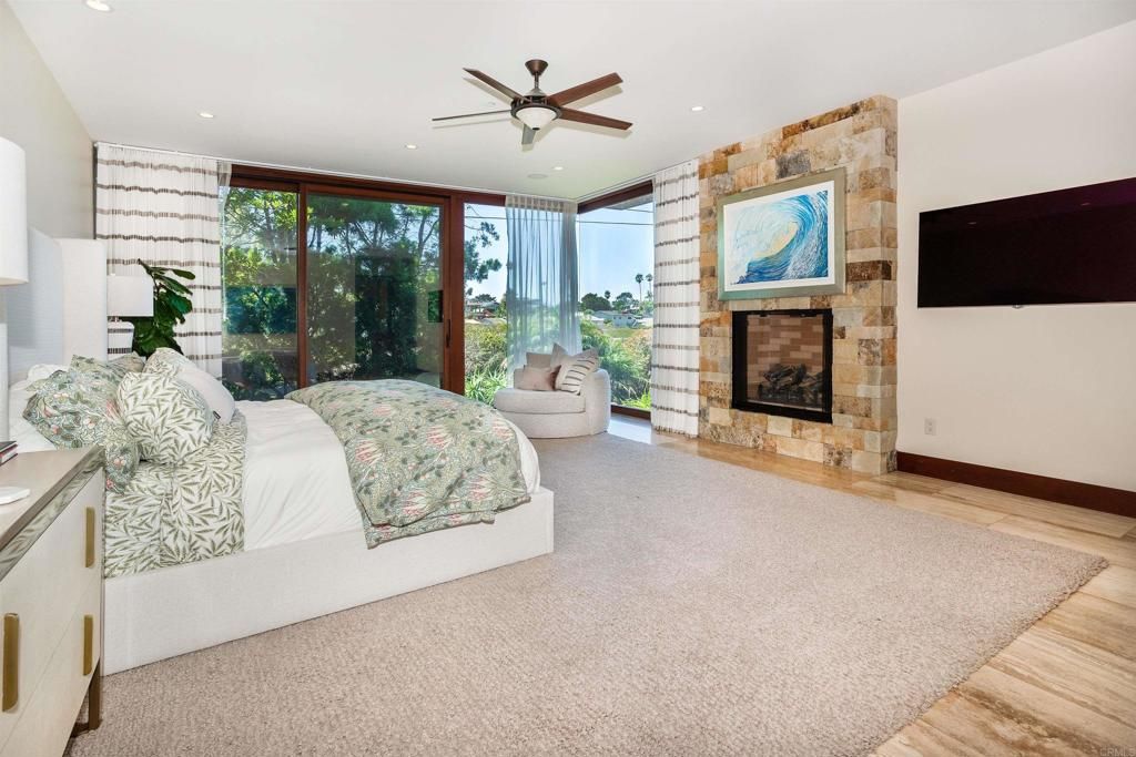 Bedroom, Fireplace, Interior, Recessed Lighting, Wood Texture Flooring