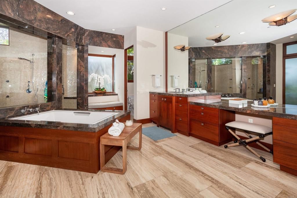 Bathroom, Dual Sink Vanities, Interior, Recessed Lighting, Wood Texture Flooring
