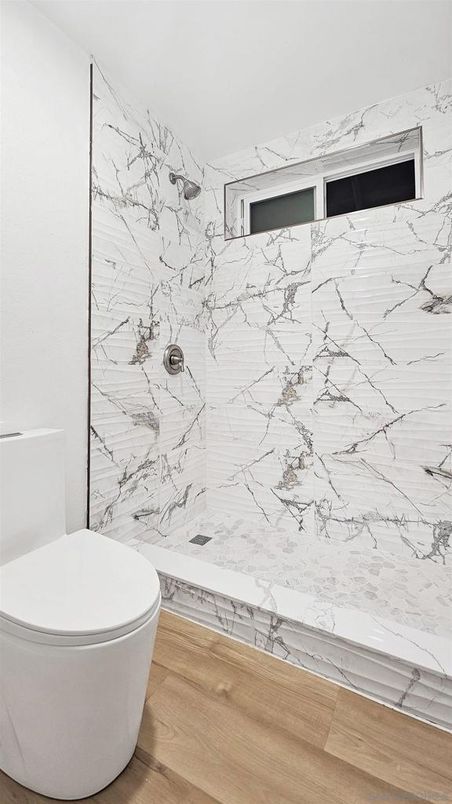 Bathroom, Interior, Marble Walls, Wood Texture Flooring
