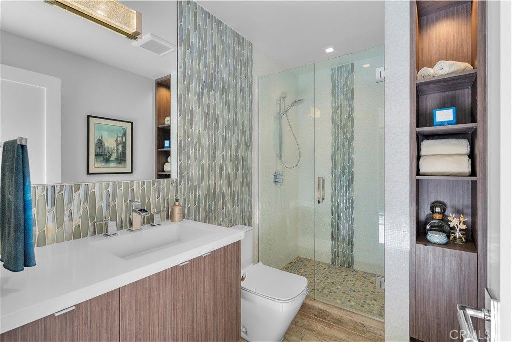 Bathroom, Glass Shower, Interior, Recessed Lighting, Wood Texture Flooring