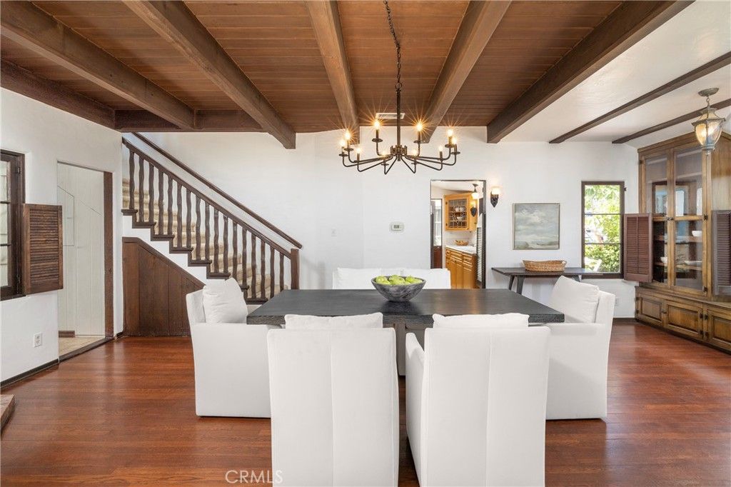 Chandelier, Dining room, Interior, Wooden Beams, Wooden Ceilings, Wood Texture Flooring