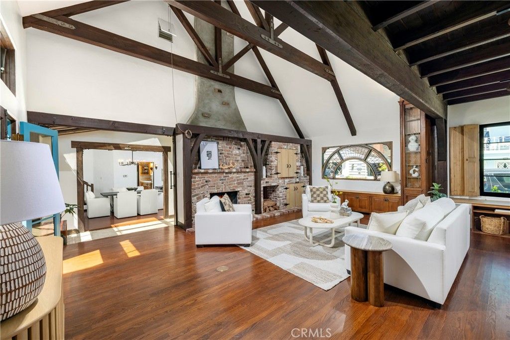 Fireplace, Interior, Living room, Pendant Lights, Stone Walls, Wooden Beams, Wood Texture Flooring