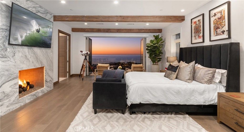 Bedroom, Fireplace, Interior, Marble Walls, Recessed Lighting, Water, Wooden Beams, Wood Texture Flooring