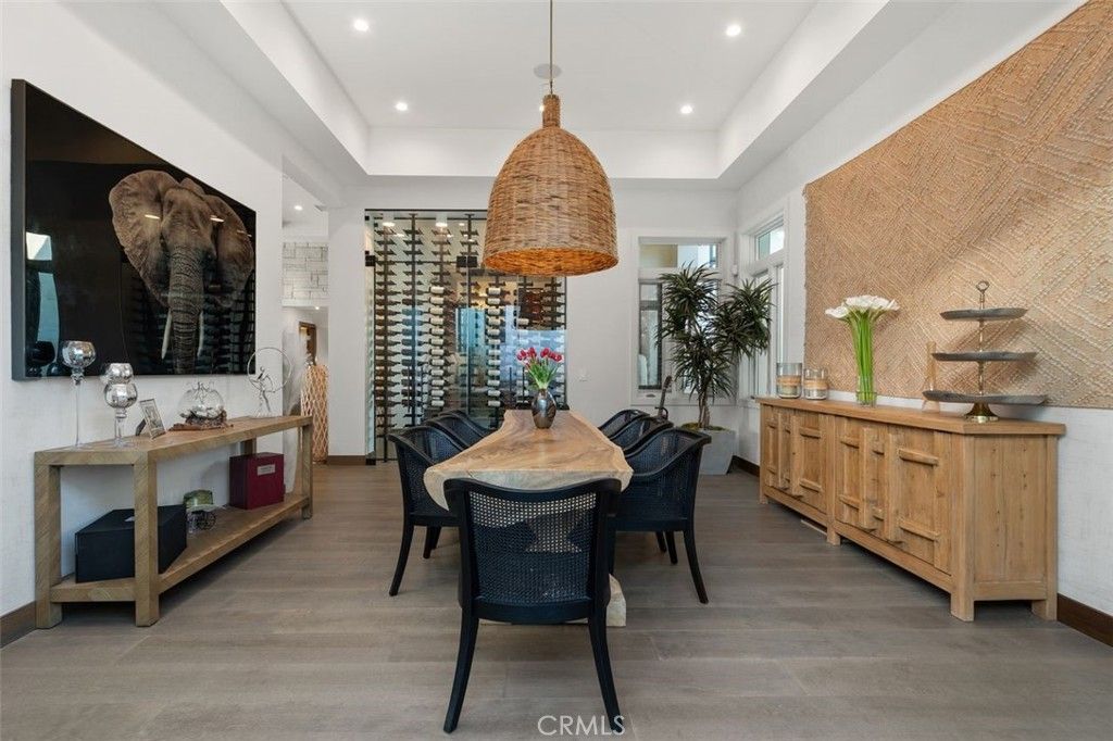 Dining room, Interior, Pendant Lights, Recessed Lighting, Wine Storage, Wood Texture Flooring