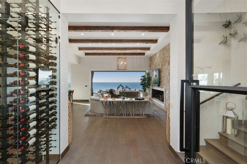 Fireplace, Interior, Recessed Lighting, Stone Walls, Water, Wine Storage, Wooden Beams, Wood Texture Flooring