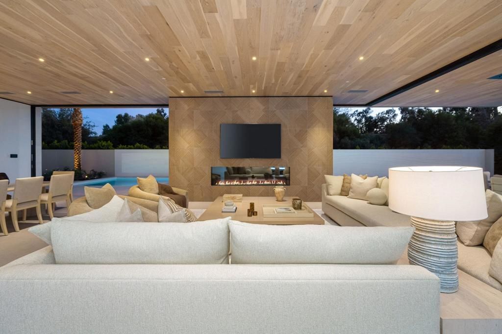 Dining room, Fireplace, Interior, Living room, Recessed Lighting, Wooden Ceilings
