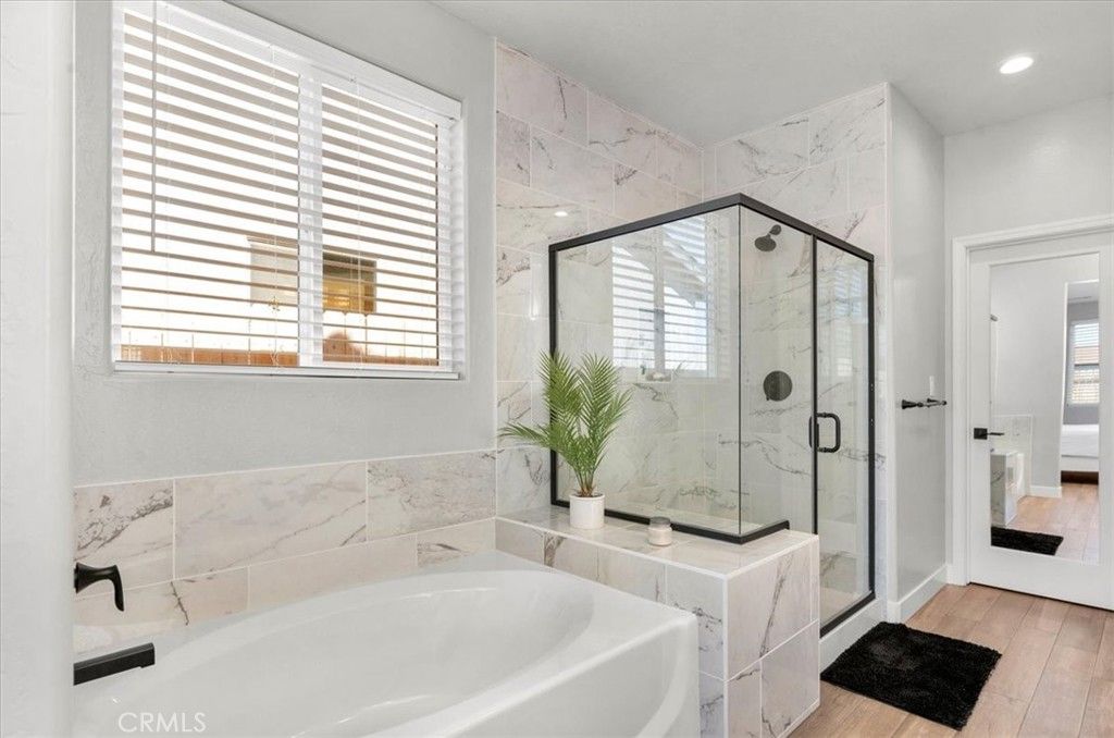 Bathroom, Glass Shower, Interior, Marble Walls, Recessed Lighting, Wood Texture Flooring