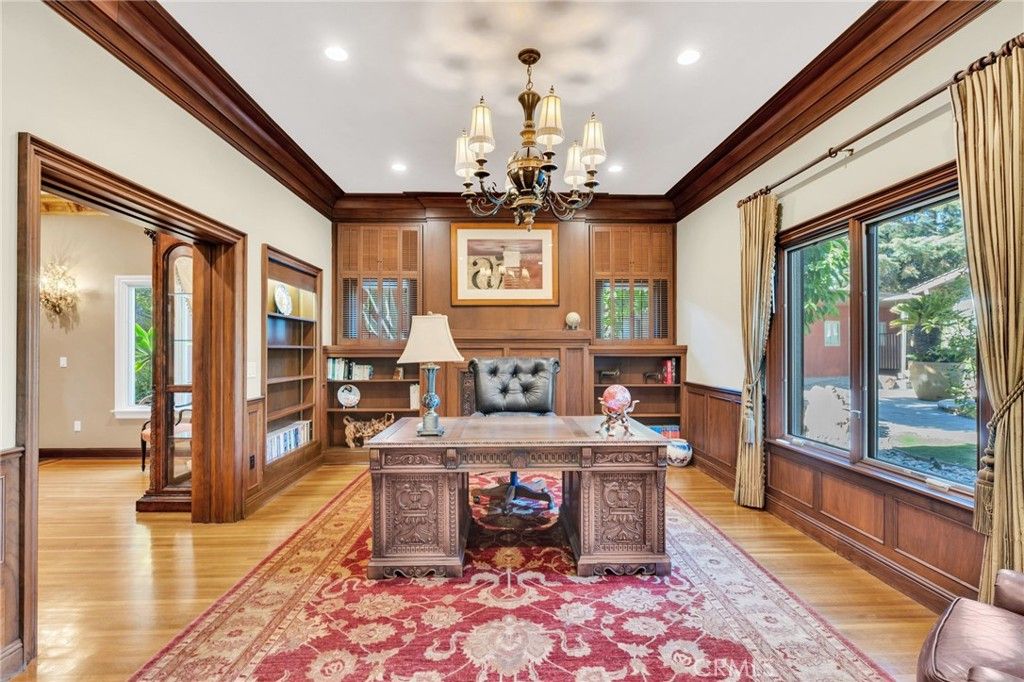 Chandelier, Home Office, Interior, Recessed Lighting, Wood Texture Flooring, Wooden Walls