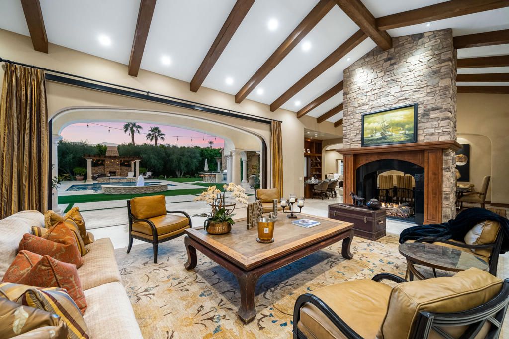 Fireplace, Interior, Living room, Recessed Lighting, Stone Walls, Wooden Beams