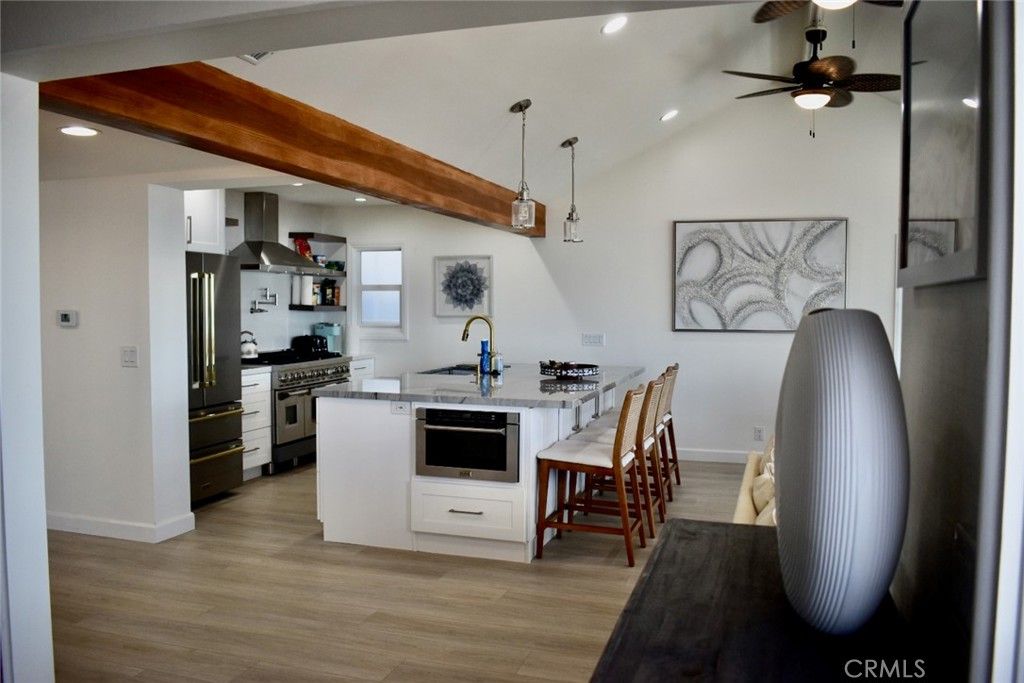 Interior, Kitchen, Pendant Lights, Recessed Lighting, Stainless Steel Appliances, Wooden Beams, Wood Texture Flooring