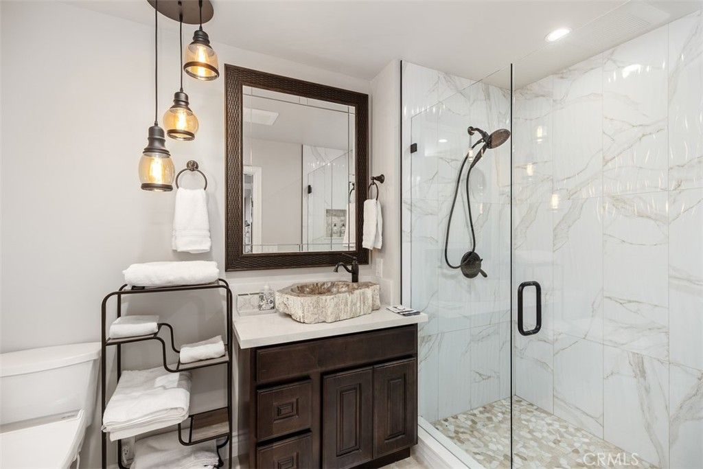 Bathroom, Glass Shower, Interior, Marble Walls, Pendant Lights, Recessed Lighting