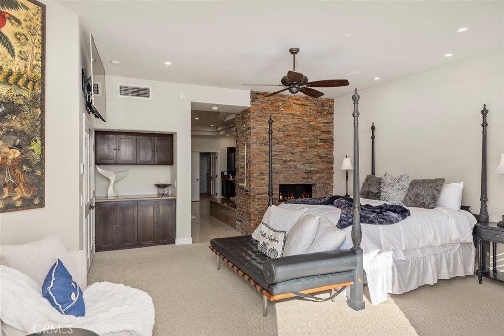 Bedroom, Fireplace, Interior, Recessed Lighting, Stone Walls