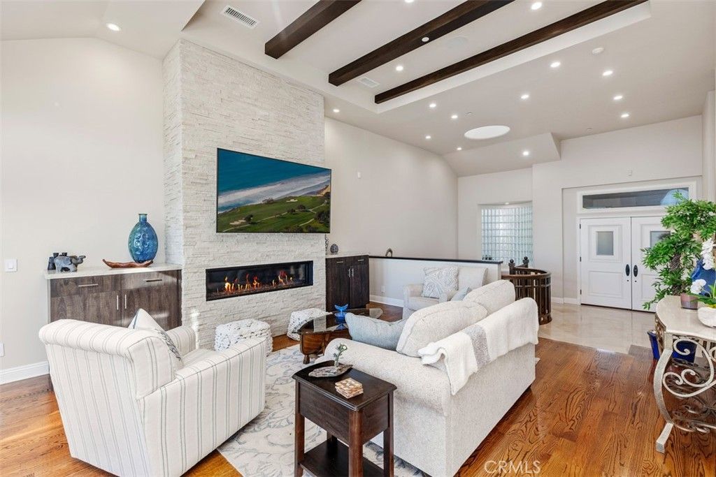 Fireplace, Interior, Living room, Recessed Lighting, Stone Walls, Wooden Beams, Wood Texture Flooring