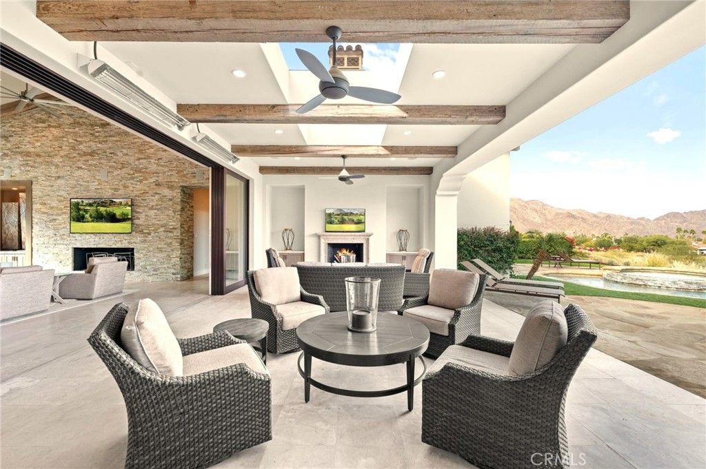 Fireplace, Interior, Living room, Recessed Lighting, Stone Walls, Wooden Beams