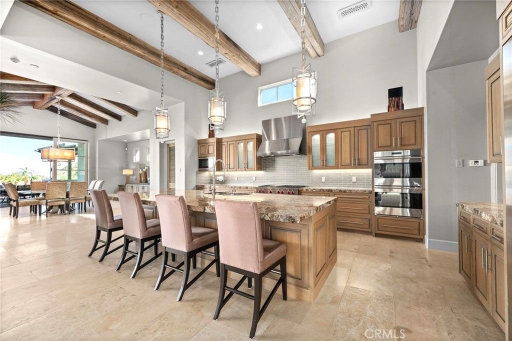 Chandelier, Dining room, Interior, Kitchen, Pendant Lights, Recessed Lighting, Stainless Steel Appliances, Wooden Beams