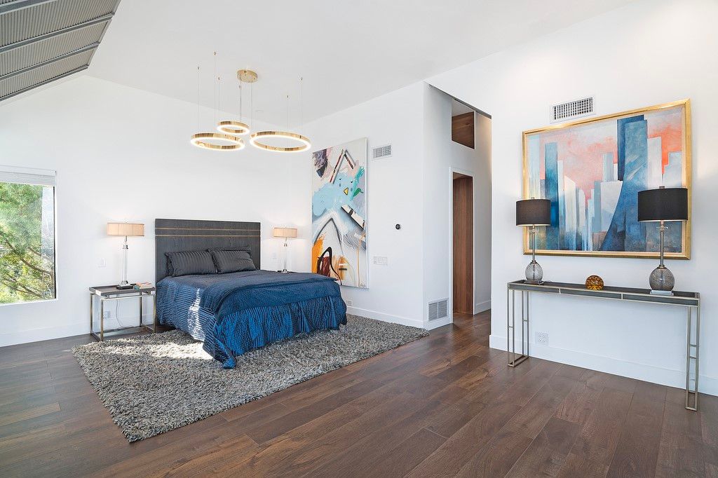 Bedroom, Interior, Pendant Lights, Wood Texture Flooring